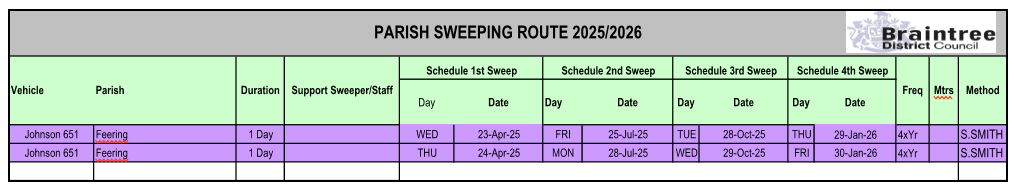Details of Feering Sweeping routes and dates.